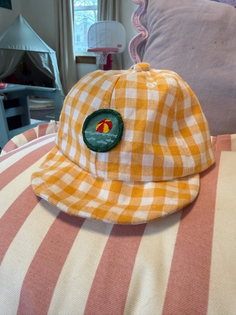 Yellow Gingham Baseball Hat with Vintage Girl Scout Beach Patch